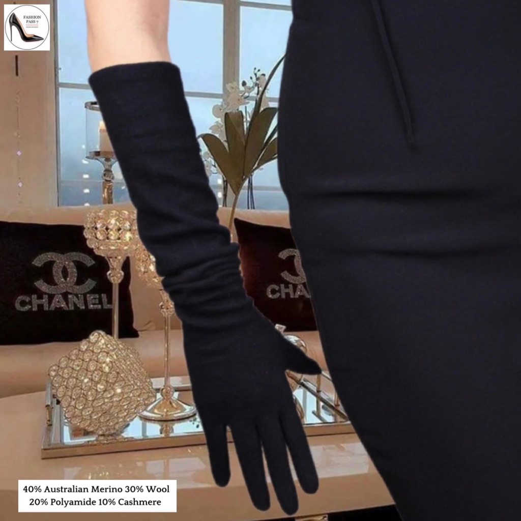 Long Cashmere Merino Wool Gloves Classical Black Opera Driving Winter Warm Glove
